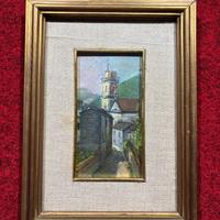 Dipinto paesaggio Campanile dipinto olio su tavola