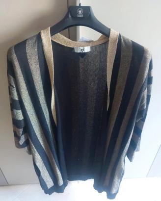 Cardigan Twin Set lungo nero a righe  dorate 