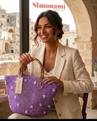Borsa SIMONAMI CROCHET In Rafia Lilla E Bamboo 
