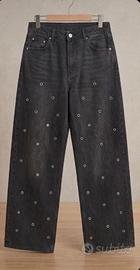 Jeans Wide Leg Neri con Occhielli Metallici