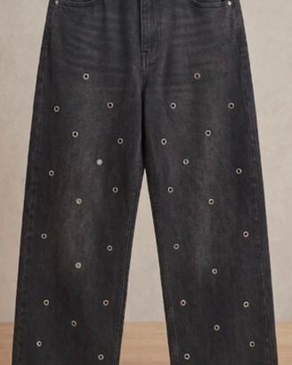 Jeans Wide Leg Neri con Occhielli Metallici