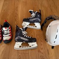 scarpe waterproof, casco danneggiato e pattini bau