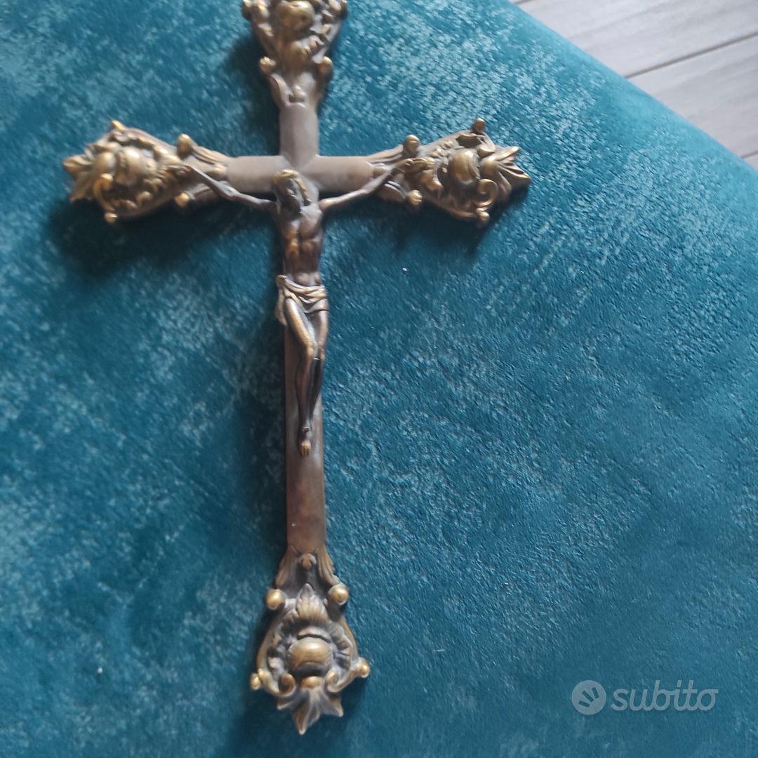 Ancien Crucifix Bronze Et Argent Sur Base Marbre - Italie, IIe Moitié Des Années 1900