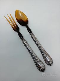 Posate da insalata in argento 800 e corno vintage 