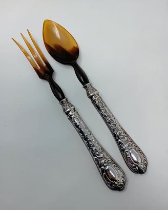 Posate da insalata in argento 800 e corno vintage 