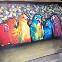 Quadro dipinto a olio su tela Pappagalli colorati