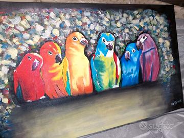 Quadro dipinto a olio su tela Pappagalli colorati