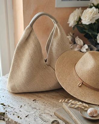 Mini Hobo color corda in Rafia Naturale e Pelle 