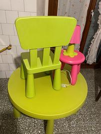 Set tavolo, sedia, sgabello e lampada per bambini