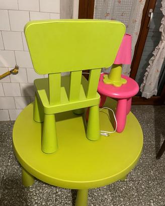 Set tavolo, sedia, sgabello e lampada per bambini