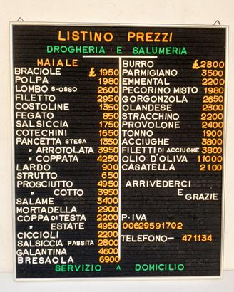 listino prezzi 60x50 SALUMERIA DROGHERIA anni 70