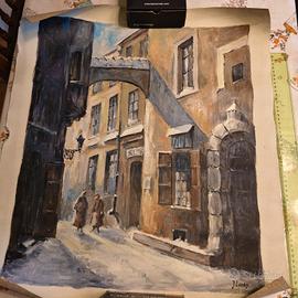 J. Luros - olio su tela città innevata