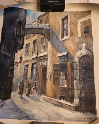 J. Luros - olio su tela città innevata