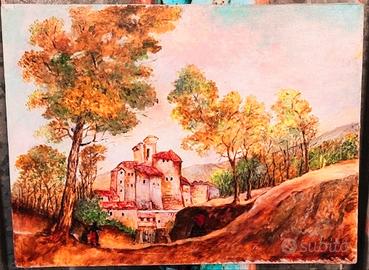 Quadro con paesaggio dipinto a olio su tela 40x30.