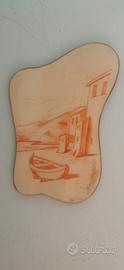 quadro vintage  barca  e borgo lacustre 