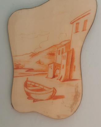 quadro vintage  barca  e borgo lacustre 