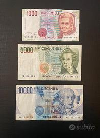 Tre banconote  della lira italiana