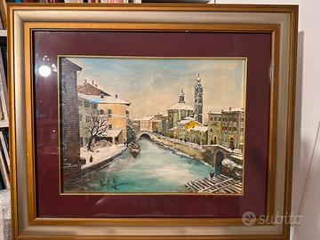 Quadro olio. Naviglio a Milano. Firmato Ferretti.