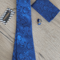 Cravatta blu + gemelli + fazzoletto