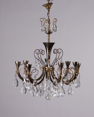 Lampadario in Ottone e Cristallo - Anni 30-40