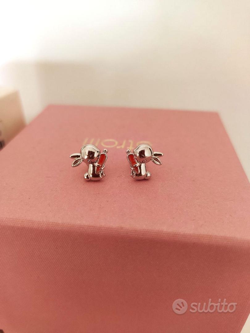 WEAV Orecchini A Cerchio Asimmetrici In Argento Sterling 925 - Mini Coniglio Con Carota E Cerchio Liscio - Gioiello Moda Per Donne E Bambine, Regalo Originale, Confezione Regalo