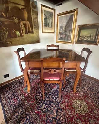 Tavolo veneziano intarsiato e affrescato ,4 sedie