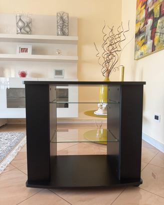 Mobile porta TV nero a carrello e mensole in vetro