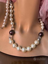 Collana lunga vintage perle bianche bronzo cristal