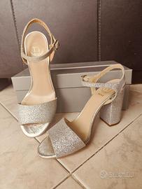Sandali donna argento glitter fine, vera pelle