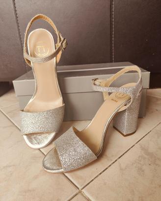 Sandali donna argento glitter fine, vera pelle