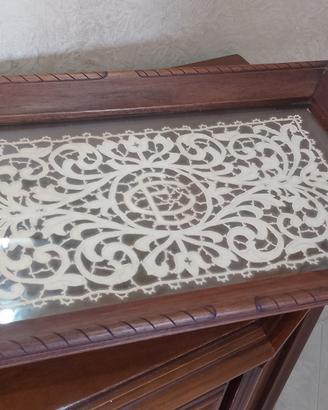 Antico vassoio legno ricamo intaglio sottovetro