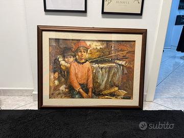 Dipinto vintage su tela con vetro