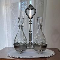 Set vintage olio e aceto in  vetro e peltro 95%