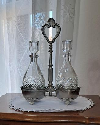 Set vintage olio e aceto in  vetro e peltro 95%