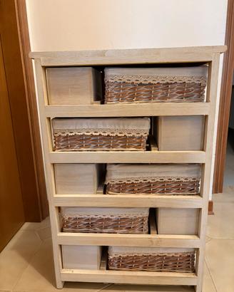 Cassettiera in legno e vimini