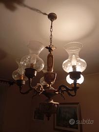 Lampadario a 5 luci in vetro serigrafato e ceramic