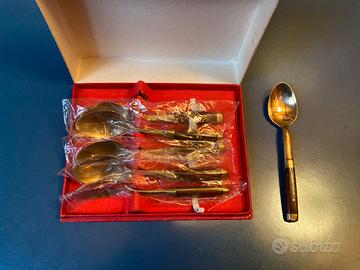 SET 6 CUCCHIAINI VINTAGE IN OTTONE E LEGNO