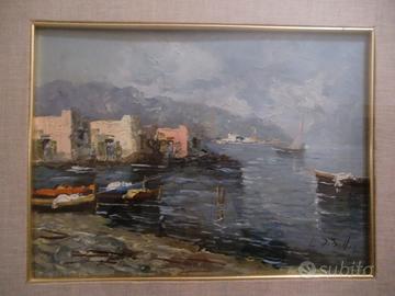 Dipinto ad olio Paese marittimo Firmato cm 55x46