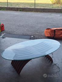 Tavolino Salotto Design Legno Curvato Vetro Ovale