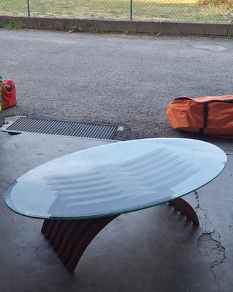 Tavolino Salotto Design Legno Curvato Vetro Ovale