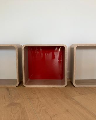 Set 3 cubotti/mensole da parete legno rosso bianco