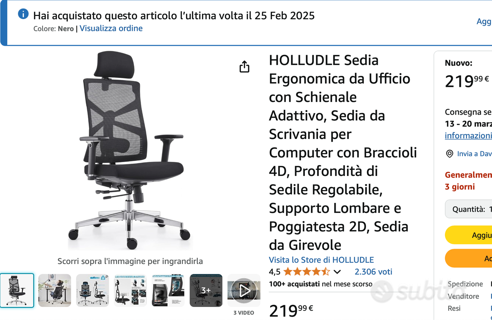 Sedia Ufficio Ergonomica HOLLUDLE Con Schienale Adattivo E Braccioli 4D - Regolabile In Altezza E Profondità - Foto 2