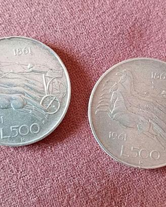 2 Monete 500 Lire Italiane 1961 Argento