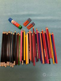 Articoli scuola, matite, colorati, gomme, colla
