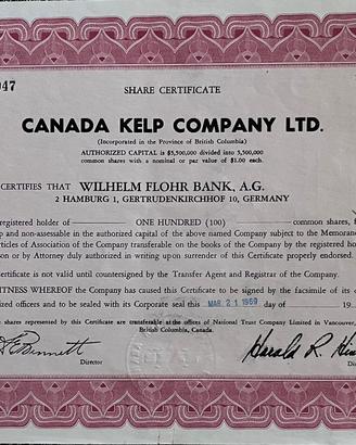 5 Certificati Azionari  di CANADA KELP COMPANY LTD