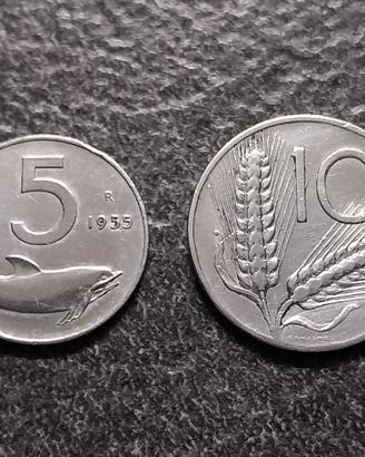 5 Lire Delfino e 10 Lire Spighe 1955 Italia