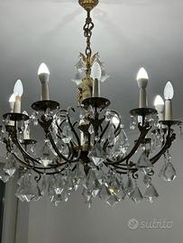 Lampadario Antico a Dodici Bracci in Ottone