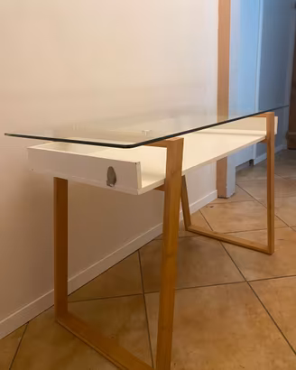 Scrivania design in vetro e bambù con cassetto