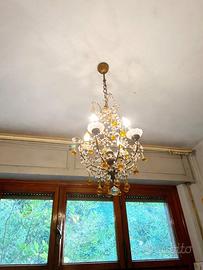 Lampadario 5 Luci Murano Gocce Ambra e Cristallo