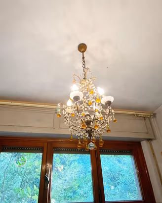 Lampadario 5 Luci Murano Gocce Ambra e Cristallo